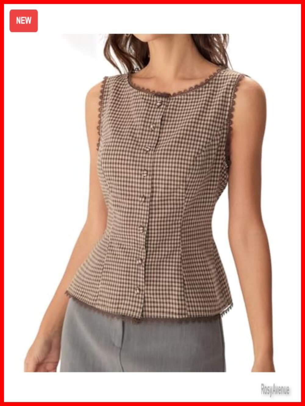 Sleeveless Button Down Blouse with Lace Trim, Fitted Cotton Work Top